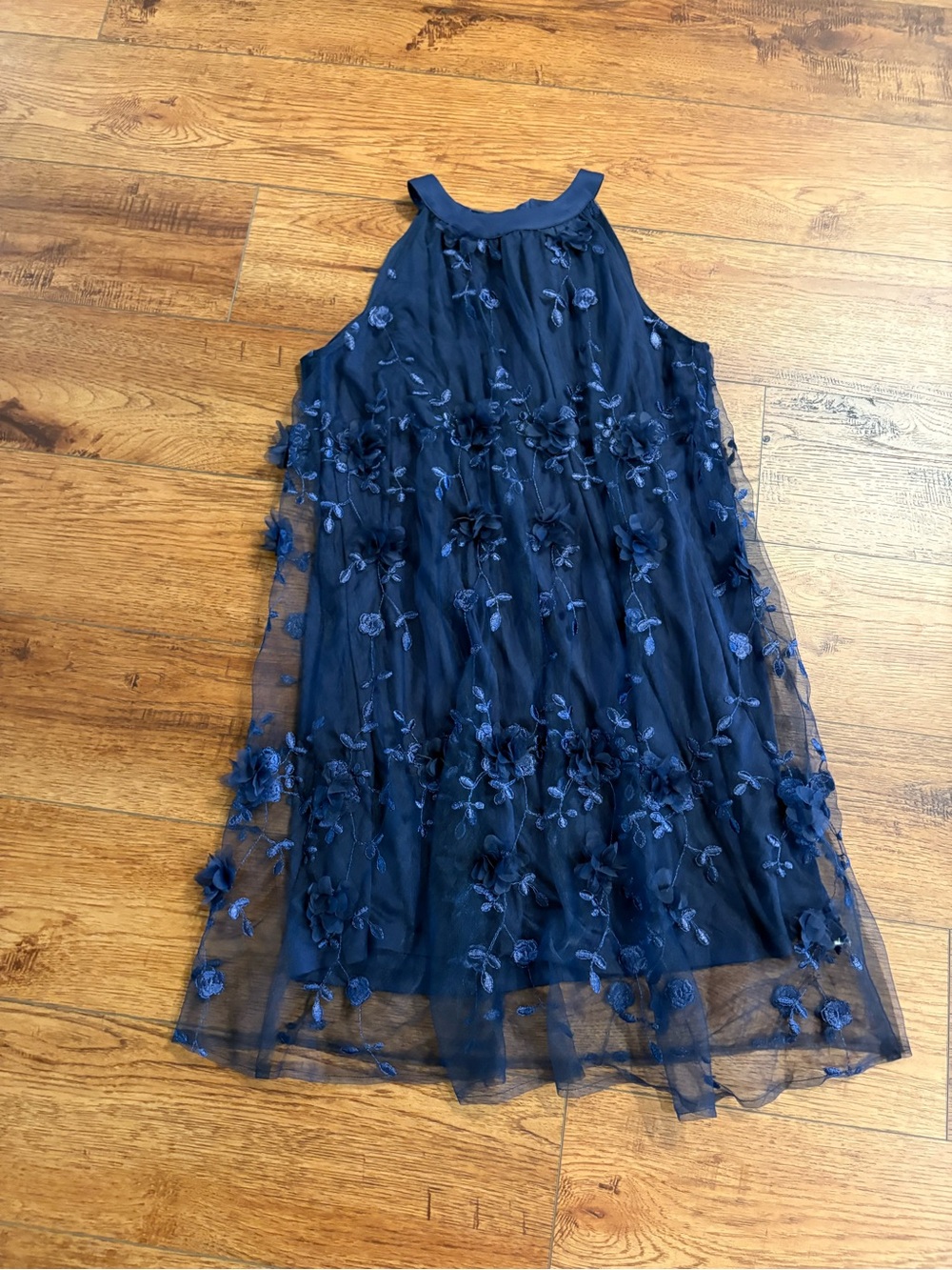 NWT Simplee Navy 3D Floral Tulle Appliqué Halter Cocktail Dress S